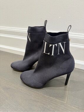 Valentino Black Knit VLTN logo Sock Ankle Boots